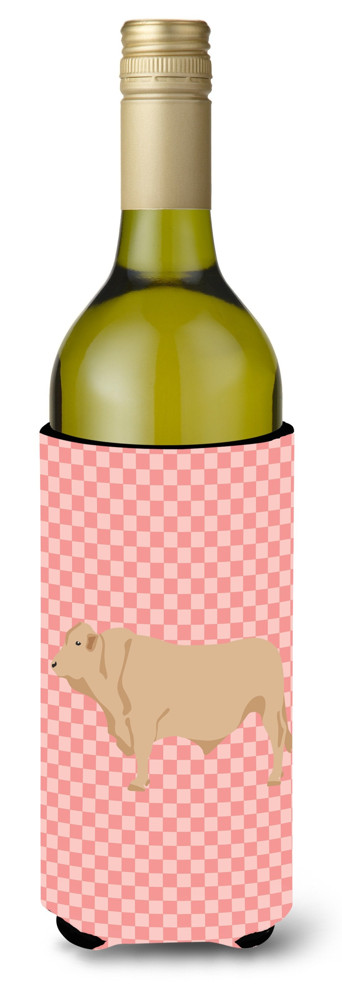 Charolais Cow Pink Check Wine Bottle Hugger Gift Sleeve for Standard 750 ml Bottles, Insulated Reusable Also Fits Mini Shot & Pint Bottles