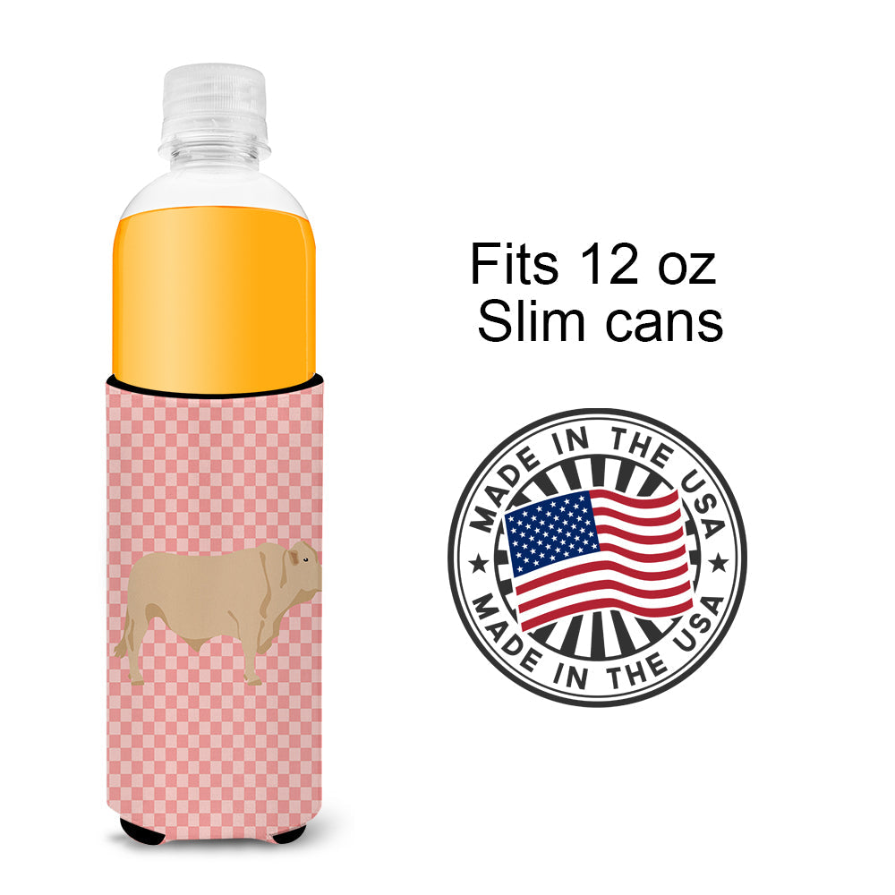 Charolais Cow Pink Check Slim Can Hugger , Insulated Foam Hugger for 12 oz Slim Cans, Beer Bottles & Water Bottles, Printed in USA