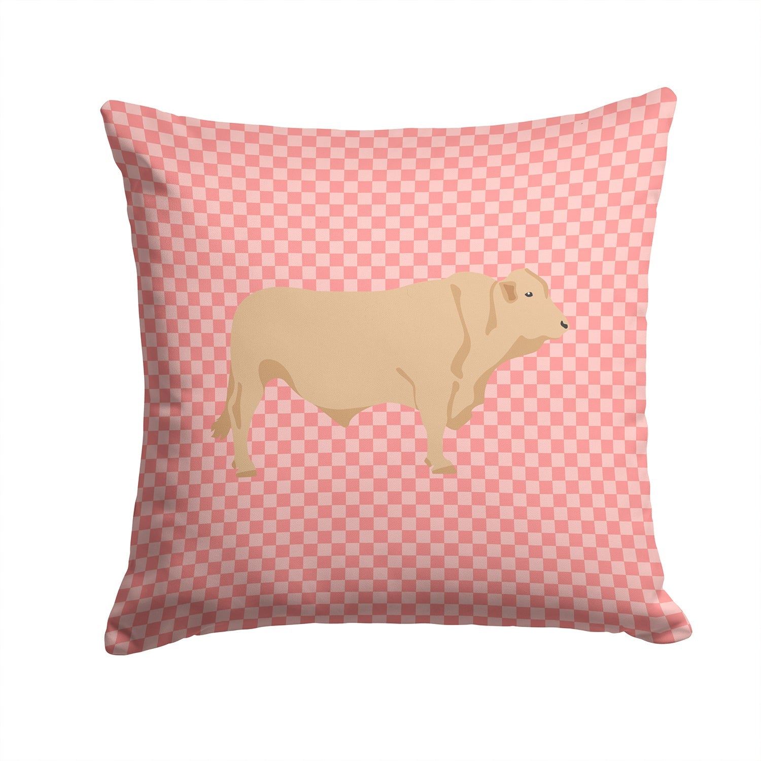 Charolais Cow Pink Check Decorative Throw Pillow 14x14 Indoor Outdoor Accent Cushion, Fabric Cover with Insert for Sofa, Bed, Porch & Living Room