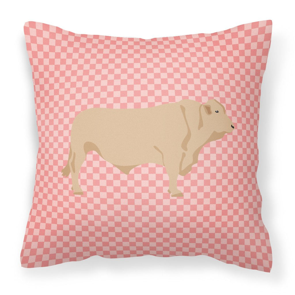 Charolais Cow Pink Check Decorative Throw Pillow 18x18 Indoor Outdoor Accent Cushion, Fabric Cover with Insert for Sofa, Bed, Porch & Living Room