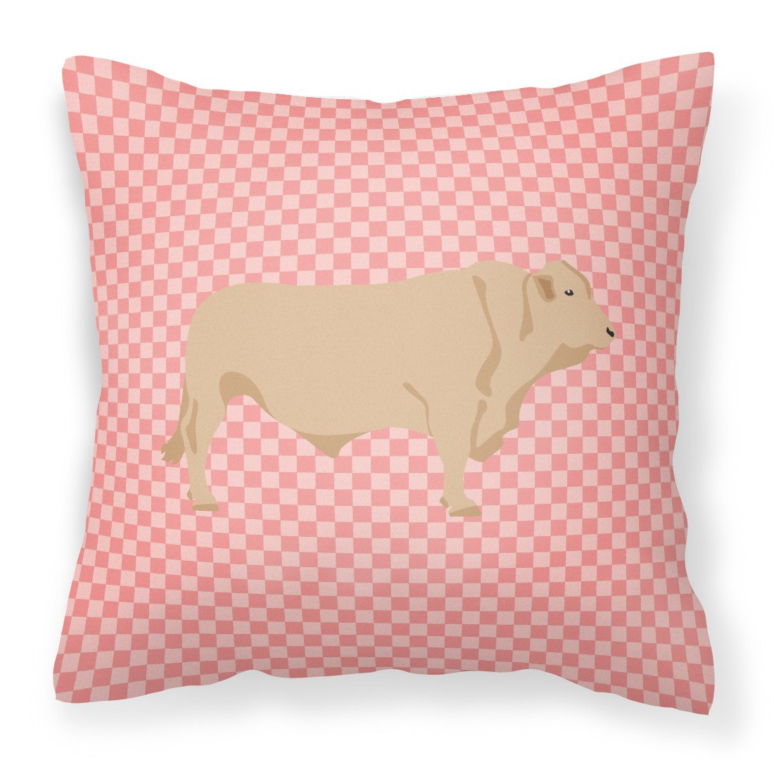 Charolais Cow Pink Check Decorative Throw Pillow 18x18 Indoor Outdoor Accent Cushion, Fabric Cover with Insert for Sofa, Bed, Porch & Living Room