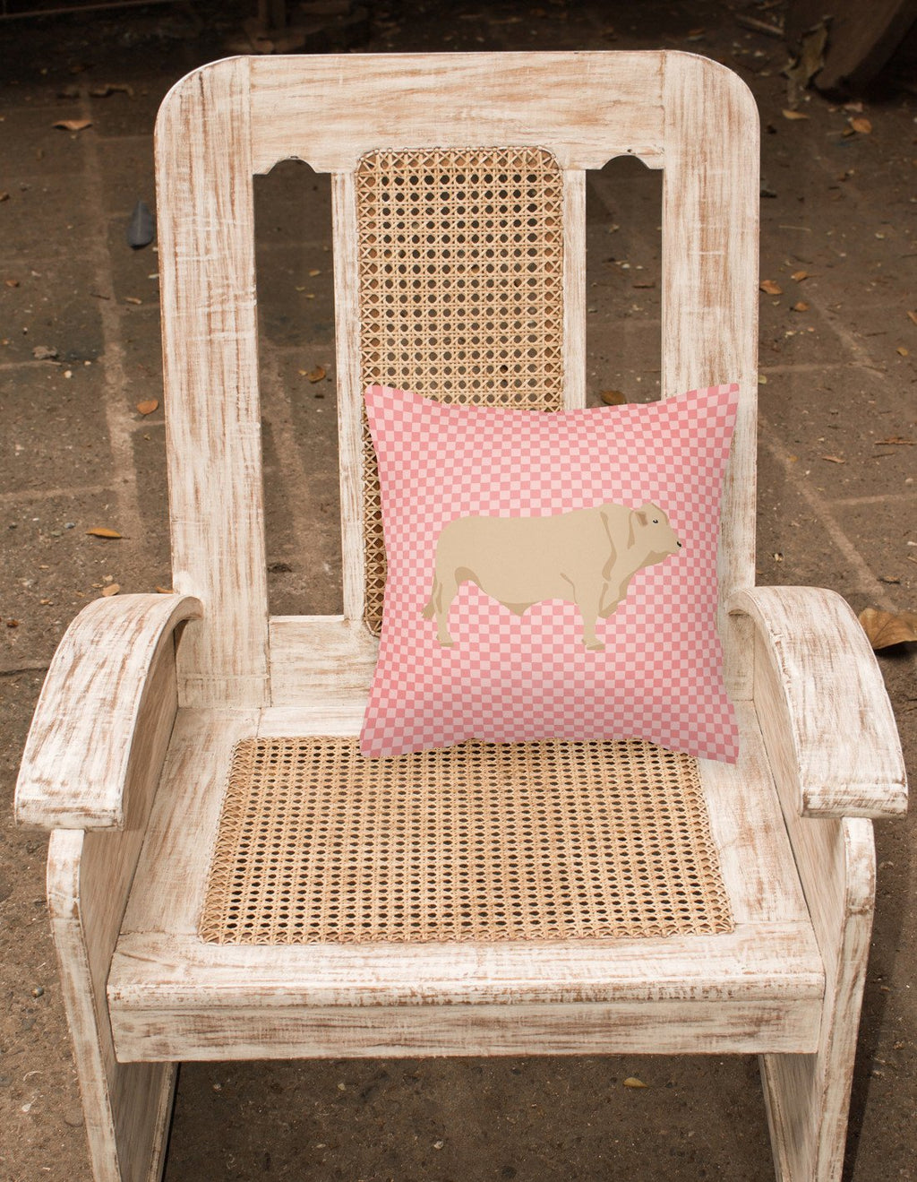 Charolais Cow Pink Check Decorative Throw Pillow 18x18 Indoor Outdoor Accent Cushion, Fabric Cover with Insert for Sofa, Bed, Porch & Living Room