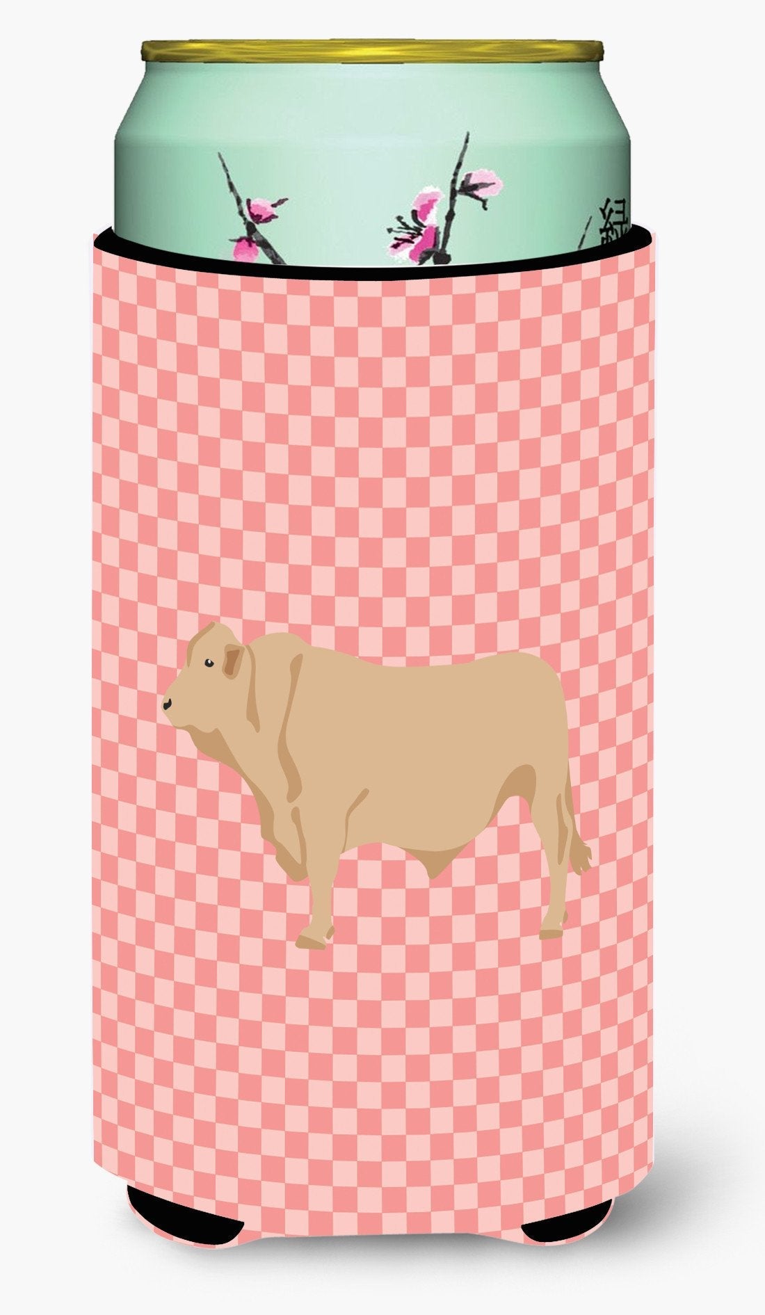Charolais Cow Pink Check Tall Boy Hugger Can Cooler Sleeve Machine Washable Drink Collapsible Insulator Beverage Insulated Holder