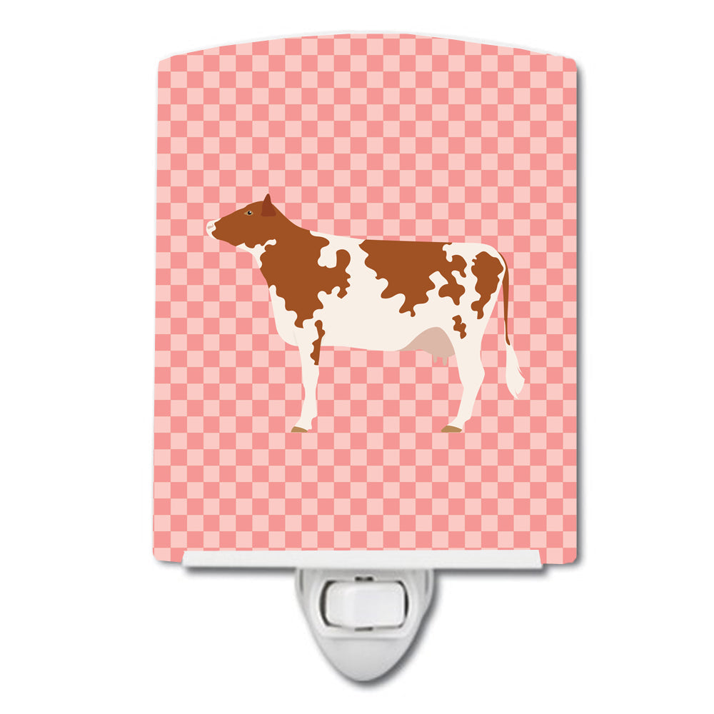 Ayrshire Cow Pink Check Ceramic Night Light Compact, UL-Certified, Ideal for Bedroom, Bathroom, Nursery, Hallway, Kitchen, 6x4x3, Multicolor