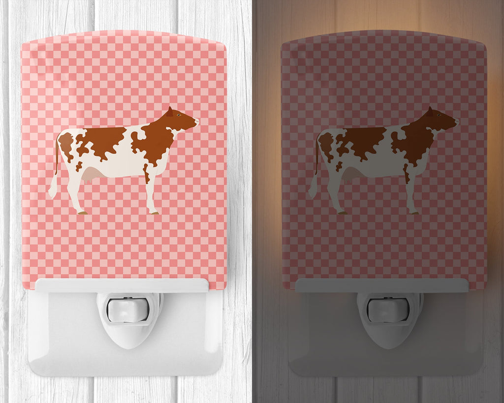 Ayrshire Cow Pink Check Ceramic Night Light Compact, UL-Certified, Ideal for Bedroom, Bathroom, Nursery, Hallway, Kitchen, 6x4x3, Multicolor