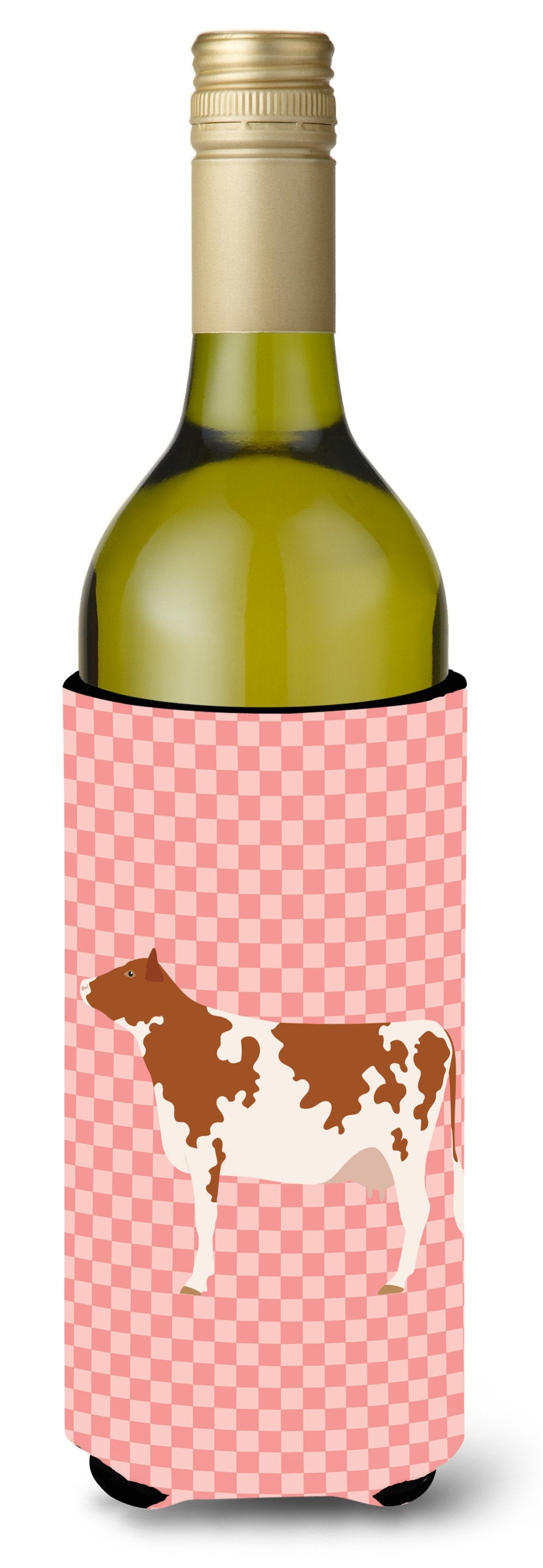 Ayrshire Cow Pink Check Wine Bottle Hugger Gift Sleeve for Standard 750 ml Bottles, Insulated Reusable Also Fits Mini Shot & Pint Bottles