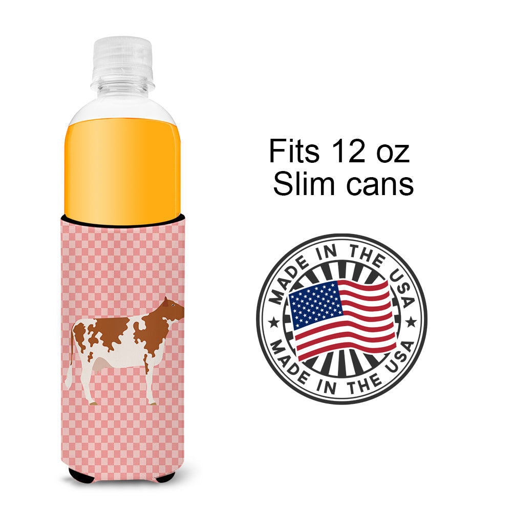 Ayrshire Cow Pink Check Slim Can Hugger , Insulated Foam Hugger for 12 oz Slim Cans, Beer Bottles & Water Bottles, Printed in USA