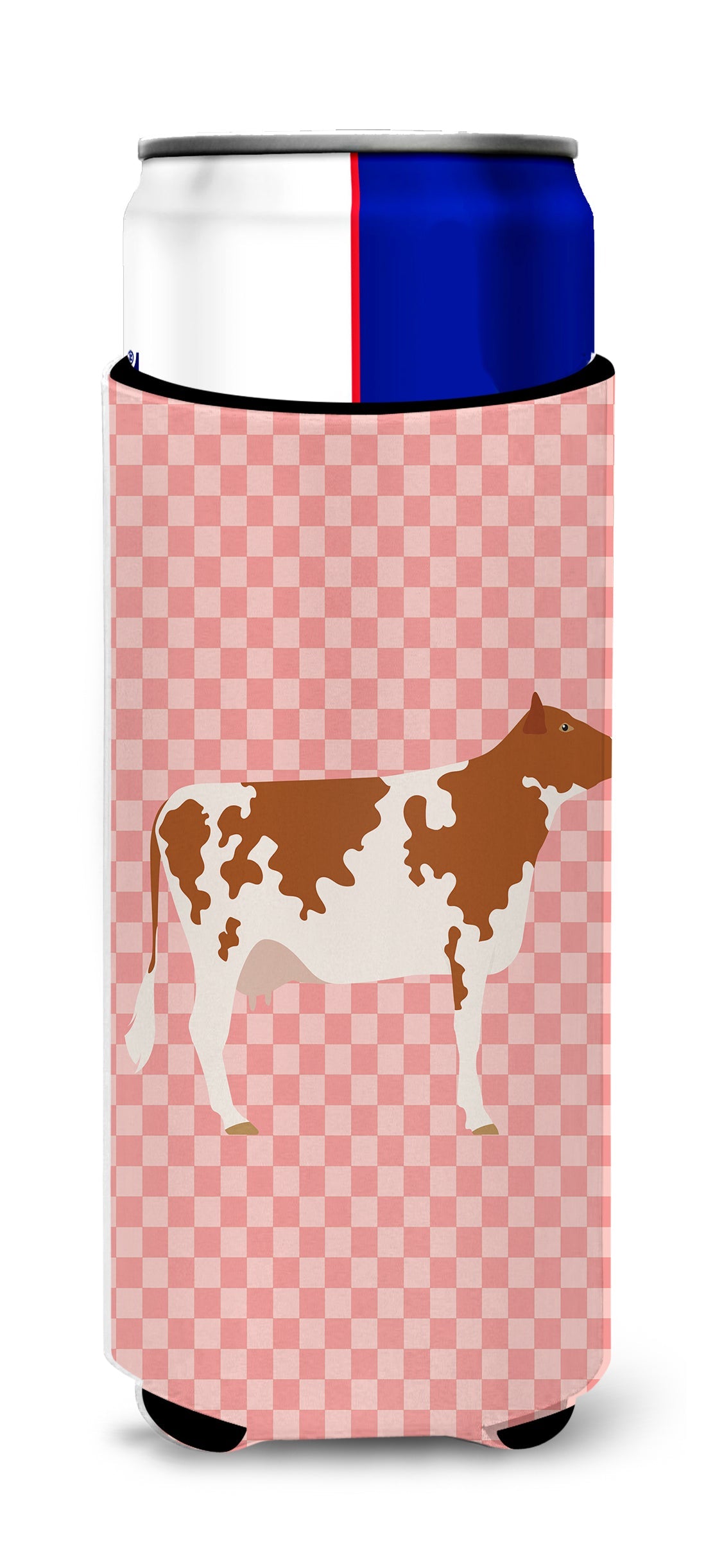 Ayrshire Cow Pink Check Slim Can Hugger , Insulated Foam Hugger for 12 oz Slim Cans, Beer Bottles & Water Bottles, Printed in USA