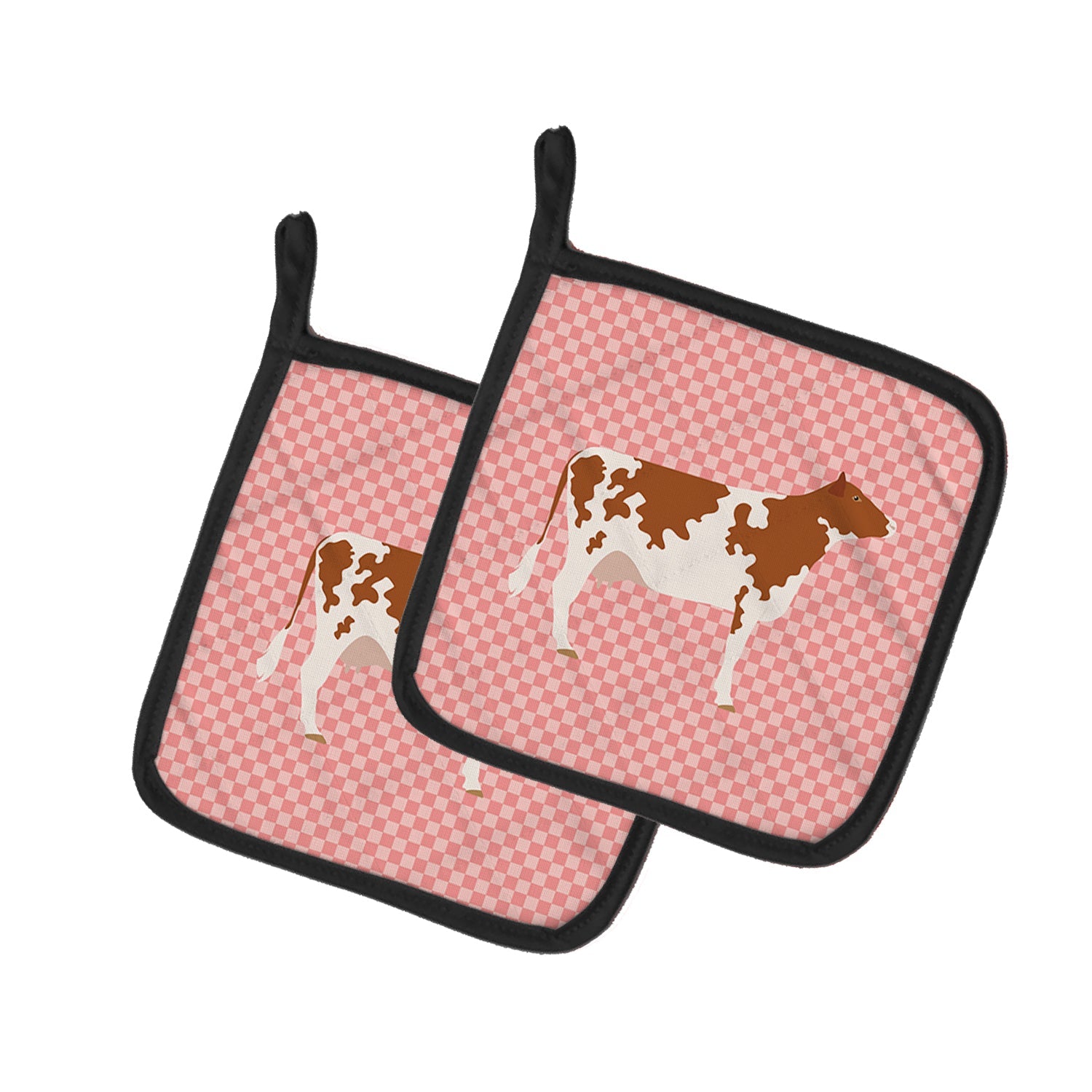 Ayrshire Cow Pink Check Pot Holder Set of 2 Heat Resistant Quilted Hot Pads 7.5 x 7.5 Inch, Insulated Kitchen Trivets for Cooking & Baking