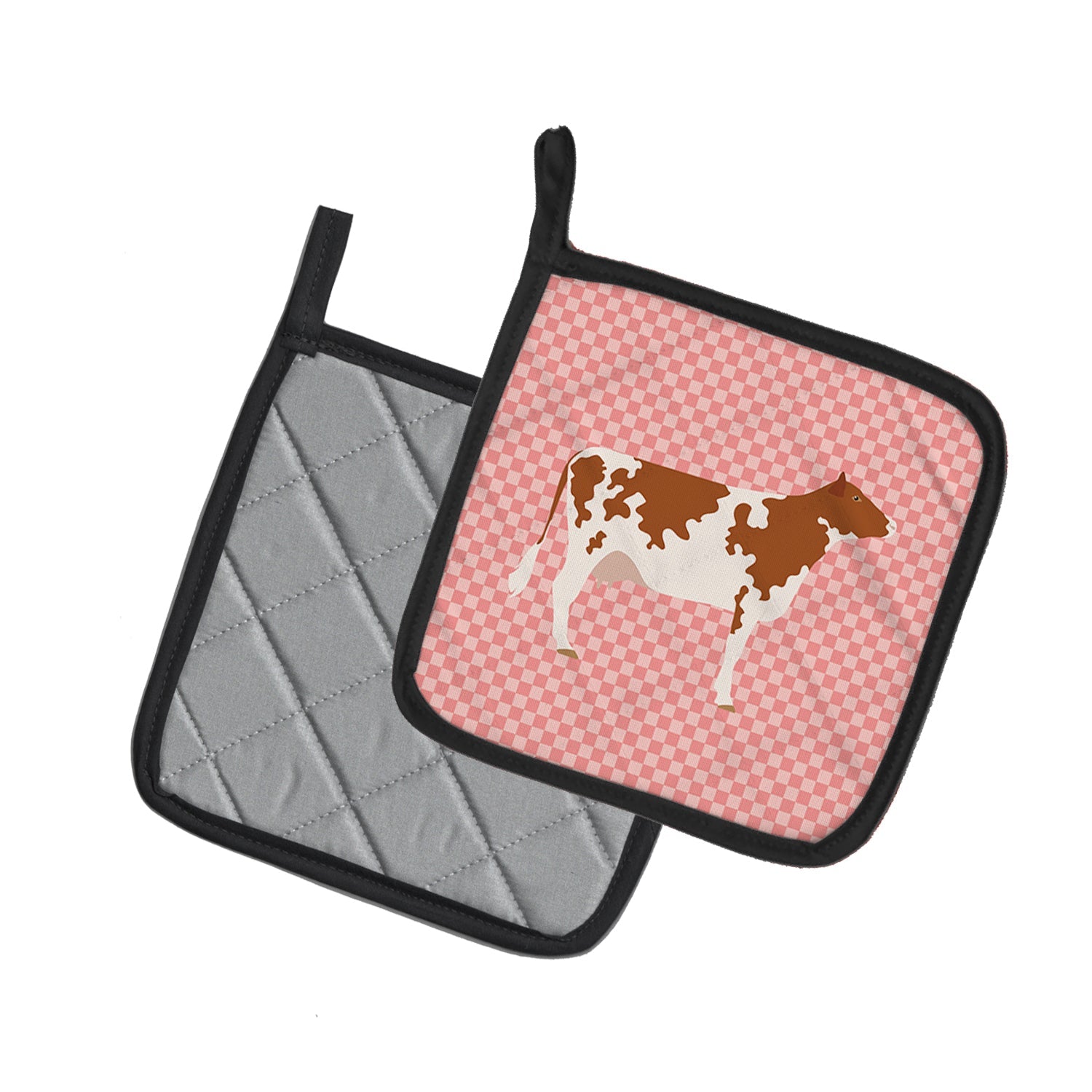 Ayrshire Cow Pink Check Pot Holder Set of 2 Heat Resistant Quilted Hot Pads 7.5 x 7.5 Inch, Insulated Kitchen Trivets for Cooking & Baking