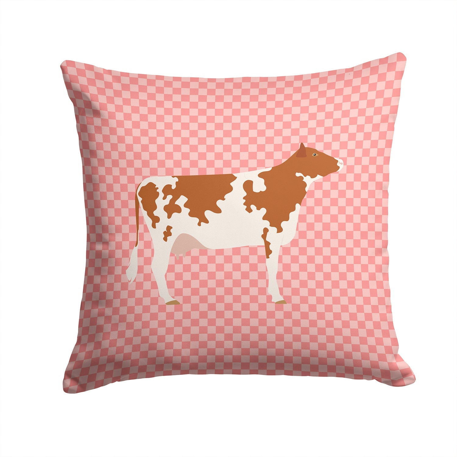 Ayrshire Cow Pink Check Decorative Throw Pillow 14x14 Indoor Outdoor Accent Cushion, Fabric Cover with Insert for Sofa, Bed, Porch & Living Room