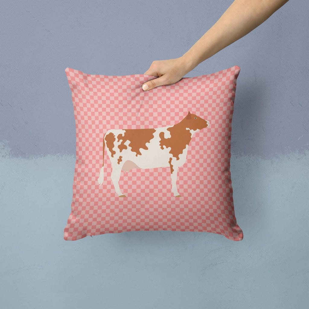 Ayrshire Cow Pink Check Decorative Throw Pillow 14x14 Indoor Outdoor Accent Cushion, Fabric Cover with Insert for Sofa, Bed, Porch & Living Room