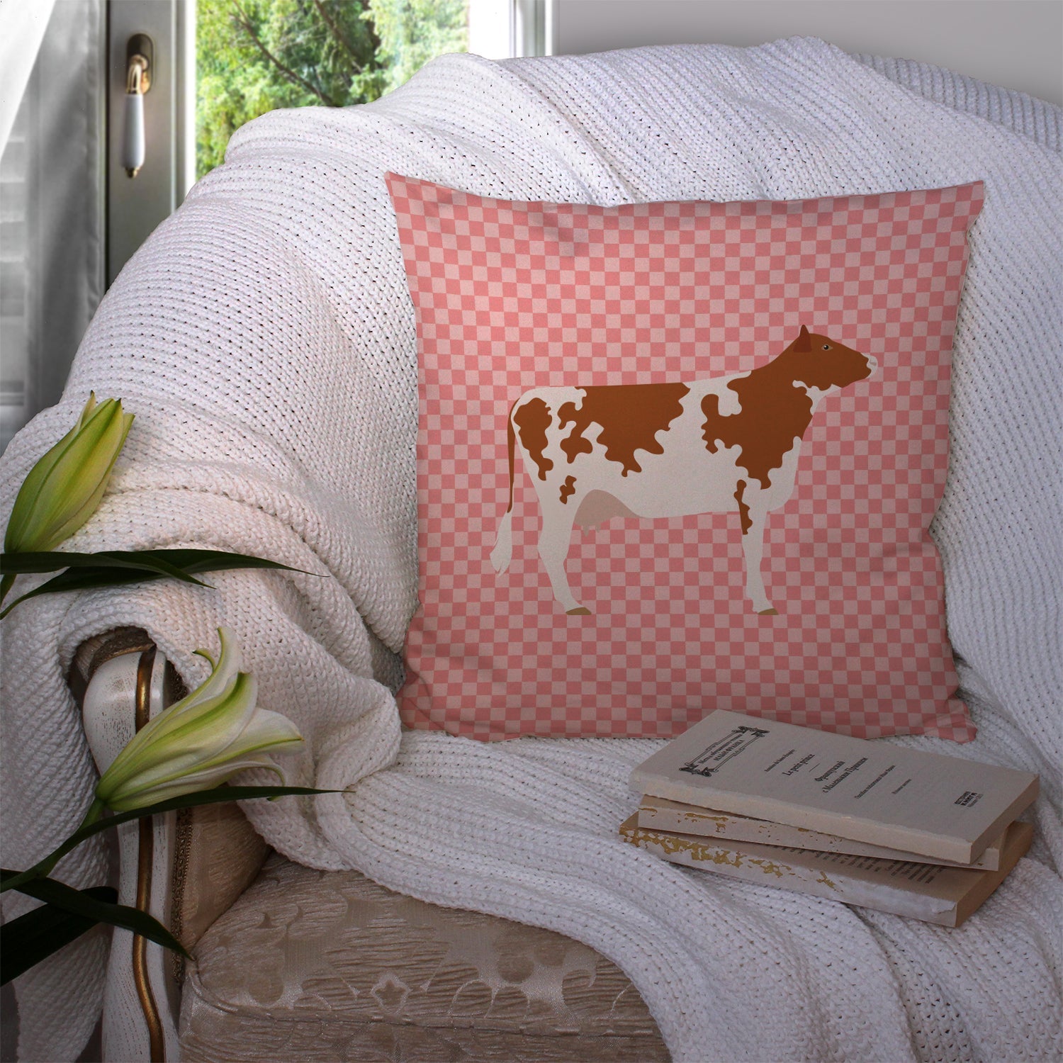 Ayrshire Cow Pink Check Decorative Throw Pillow 14x14 Indoor Outdoor Accent Cushion, Fabric Cover with Insert for Sofa, Bed, Porch & Living Room