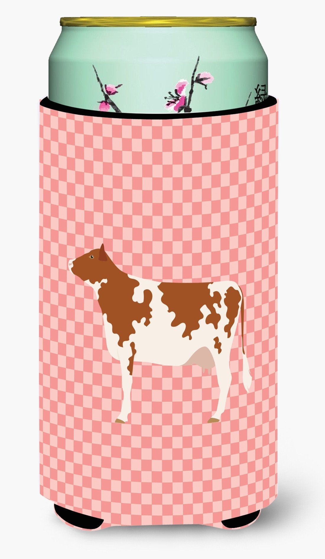Ayrshire Cow Pink Check Tall Boy Hugger Can Cooler Sleeve Machine Washable Drink Collapsible Insulator Beverage Insulated Holder