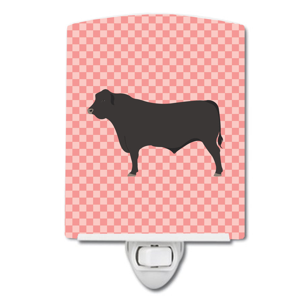 Black Angus Cow Pink Check Ceramic Night Light Compact, UL-Certified, Ideal for Bedroom, Bathroom, Nursery, Hallway, Kitchen, 6x4x3, Multicolor
