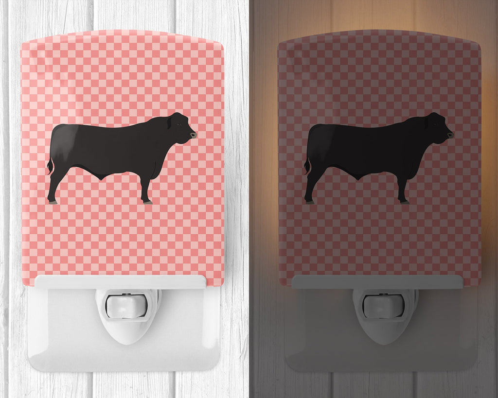 Black Angus Cow Pink Check Ceramic Night Light Compact, UL-Certified, Ideal for Bedroom, Bathroom, Nursery, Hallway, Kitchen, 6x4x3, Multicolor