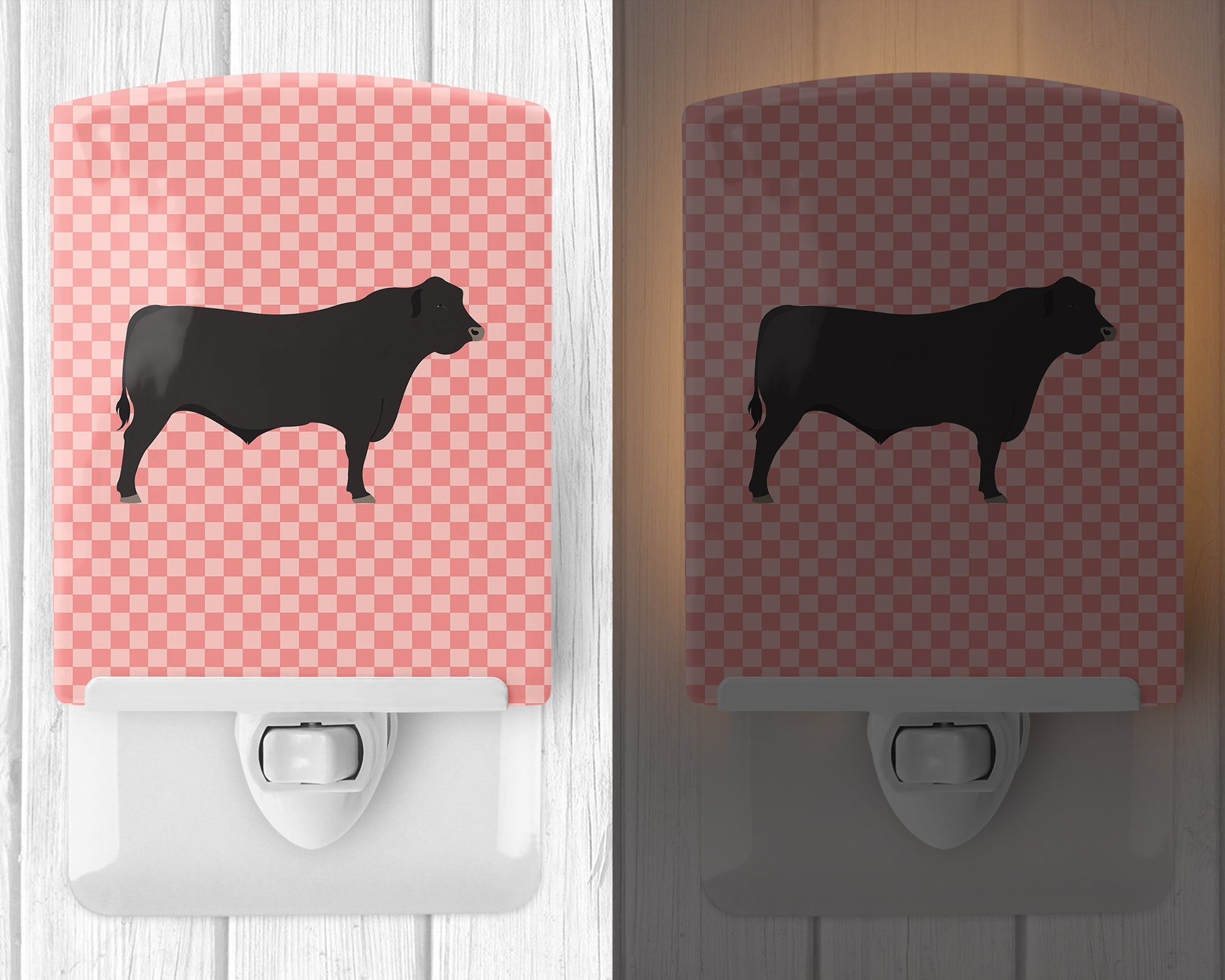 Black Angus Cow Pink Check Ceramic Night Light Compact, UL-Certified, Ideal for Bedroom, Bathroom, Nursery, Hallway, Kitchen, 6x4x3, Multicolor