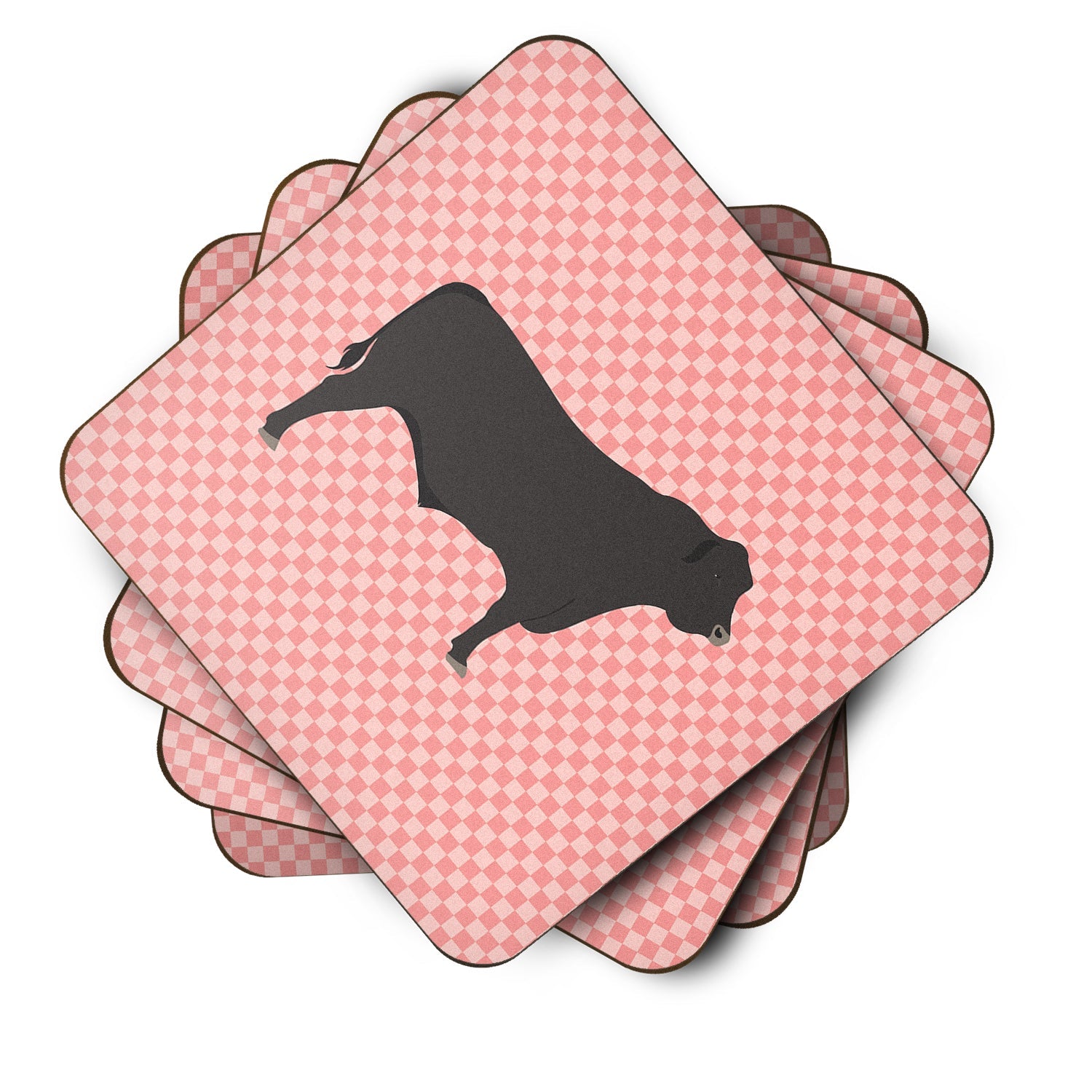Black Angus Cow Pink Check Foam Coasters Set of 4 Cup Coasters for Indoor Outdoor, Tabletop Protection, Anti Slip, Mouse pad Material