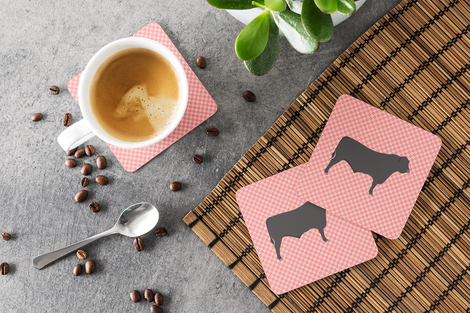 Black Angus Cow Pink Check Foam Coasters Set of 4 Cup Coasters for Indoor Outdoor, Tabletop Protection, Anti Slip, Mouse pad Material