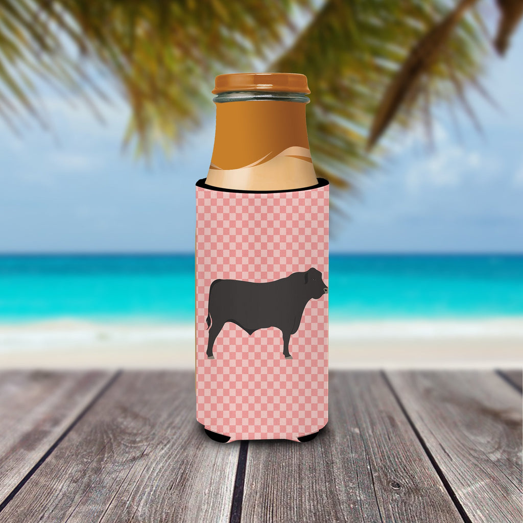 Black Angus Cow Pink Check Slim Can Hugger , Insulated Foam Hugger for 12 oz Slim Cans, Beer Bottles & Water Bottles, Printed in USA
