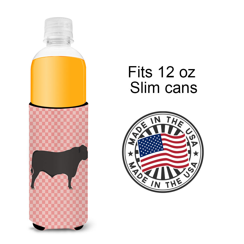 Black Angus Cow Pink Check Slim Can Hugger , Insulated Foam Hugger for 12 oz Slim Cans, Beer Bottles & Water Bottles, Printed in USA
