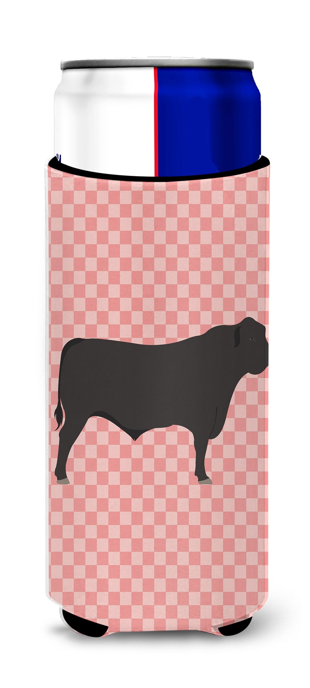 Black Angus Cow Pink Check Slim Can Hugger , Insulated Foam Hugger for 12 oz Slim Cans, Beer Bottles & Water Bottles, Printed in USA