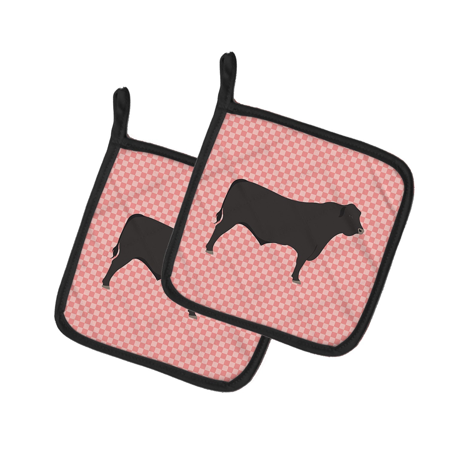 Black Angus Cow Pink Check Pot Holder Set of 2 Heat Resistant Quilted Hot Pads 7.5 x 7.5 Inch, Insulated Kitchen Trivets for Cooking & Baking