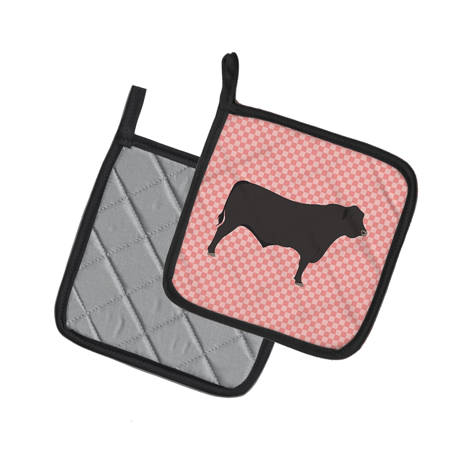 Black Angus Cow Pink Check Pot Holder Set of 2 Heat Resistant Quilted Hot Pads 7.5 x 7.5 Inch, Insulated Kitchen Trivets for Cooking & Baking