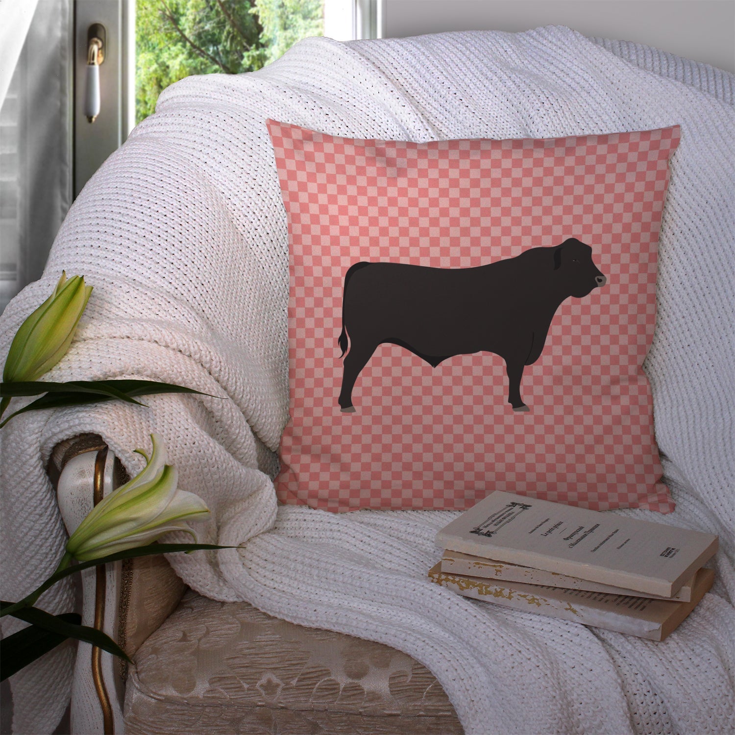Black Angus Cow Pink Check Decorative Throw Pillow 14x14 Indoor Outdoor Accent Cushion, Fabric Cover with Insert for Sofa, Bed, Porch & Living Room