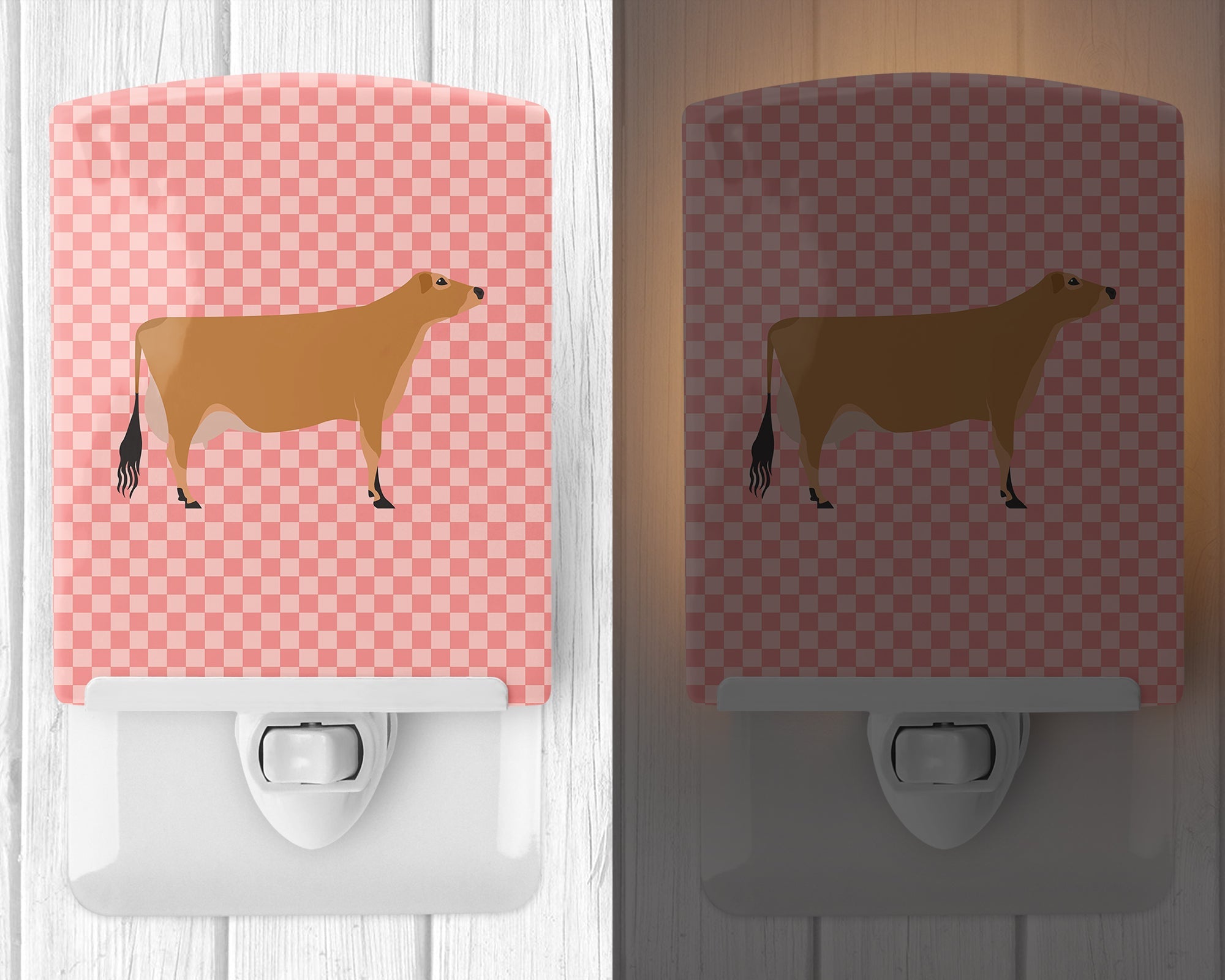 Jersey Cow Pink Check Ceramic Night Light Compact, UL-Certified, Ideal for Bedroom, Bathroom, Nursery, Hallway, Kitchen, 6x4x3, Multicolor