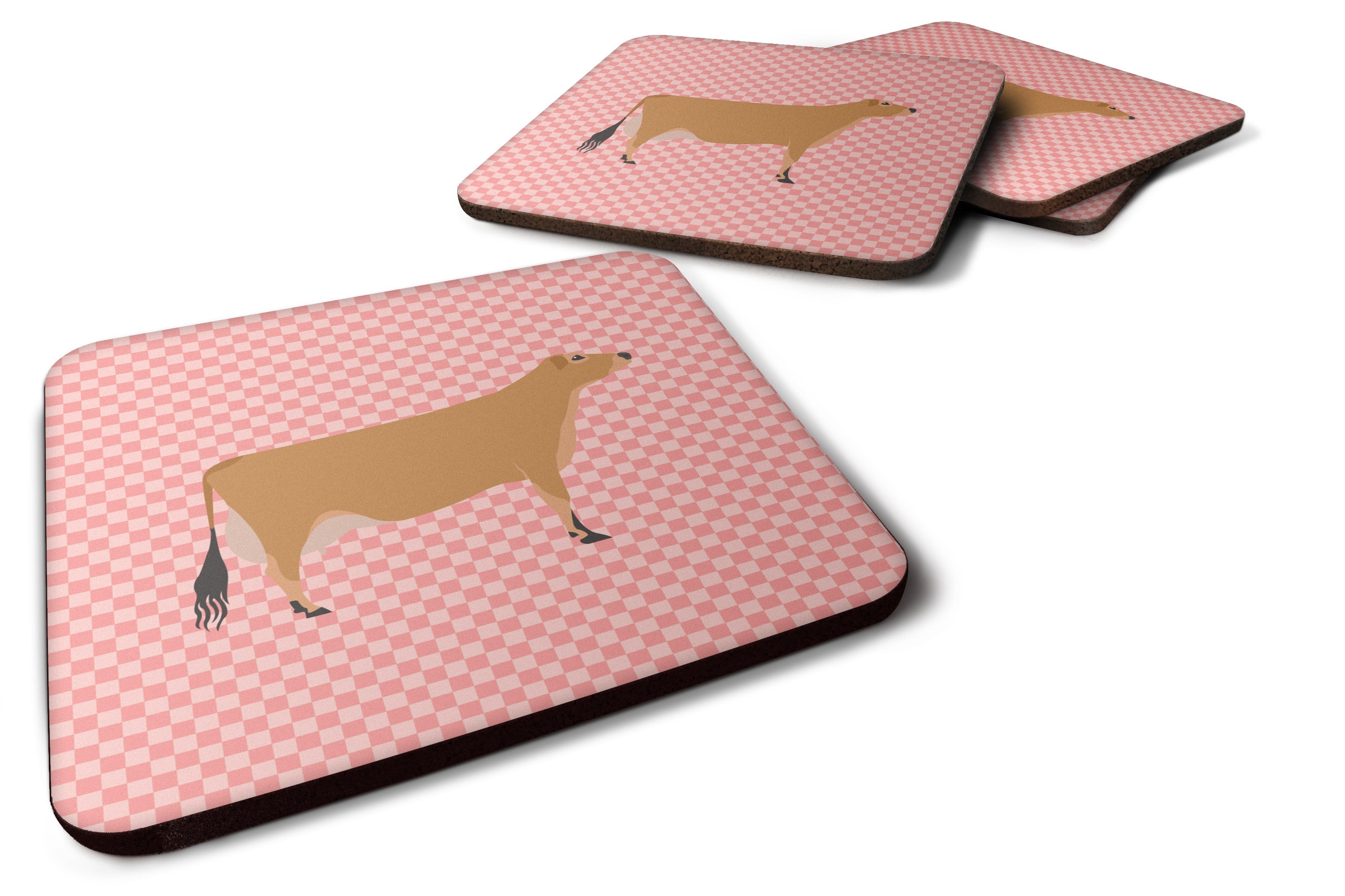 Jersey Cow Pink Check Foam Coasters Set of 4 Cup Coasters for Indoor Outdoor, Tabletop Protection, Anti Slip, Mouse pad Material
