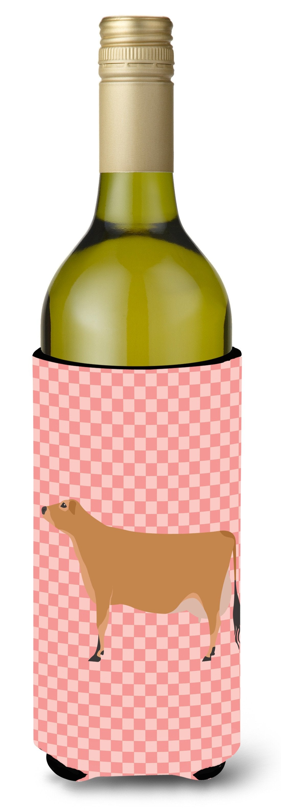 Jersey Cow Pink Check Wine Bottle Hugger Gift Sleeve for Standard 750 ml Bottles, Insulated Reusable Also Fits Mini Shot & Pint Bottles