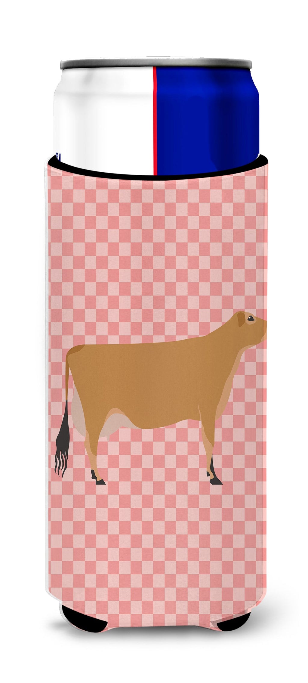 Jersey Cow Pink Check Slim Can Hugger , Insulated Foam Hugger for 12 oz Slim Cans, Beer Bottles & Water Bottles, Printed in USA