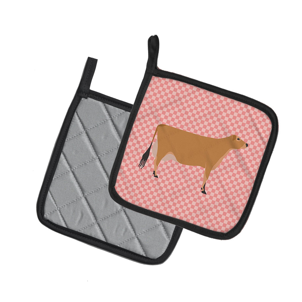 Jersey Cow Pink Check Pot Holder Set of 2 Heat Resistant Quilted Hot Pads 7.5 x 7.5 Inch, Insulated Kitchen Trivets for Cooking & Baking