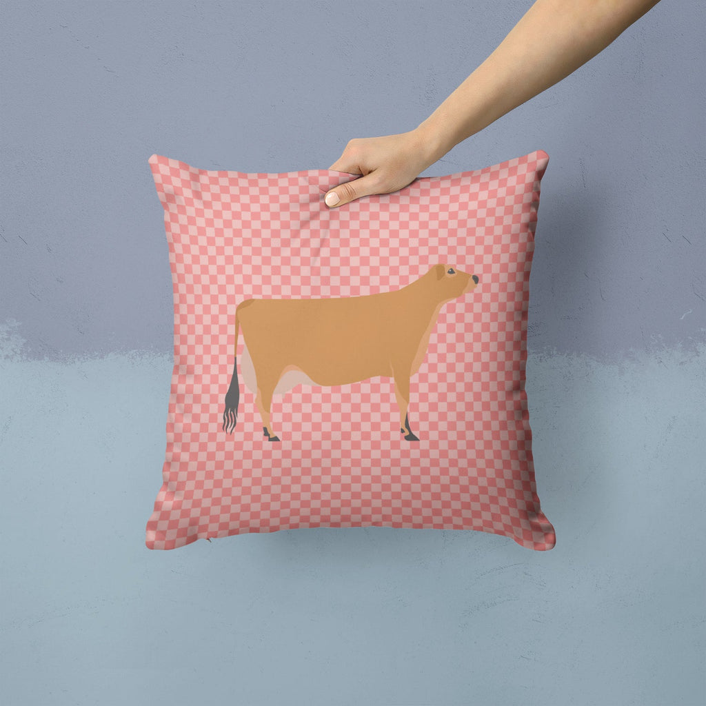 Jersey Cow Pink Check Decorative Throw Pillow 14x14 Indoor Outdoor Accent Cushion, Fabric Cover with Insert for Sofa, Bed, Porch & Living Room