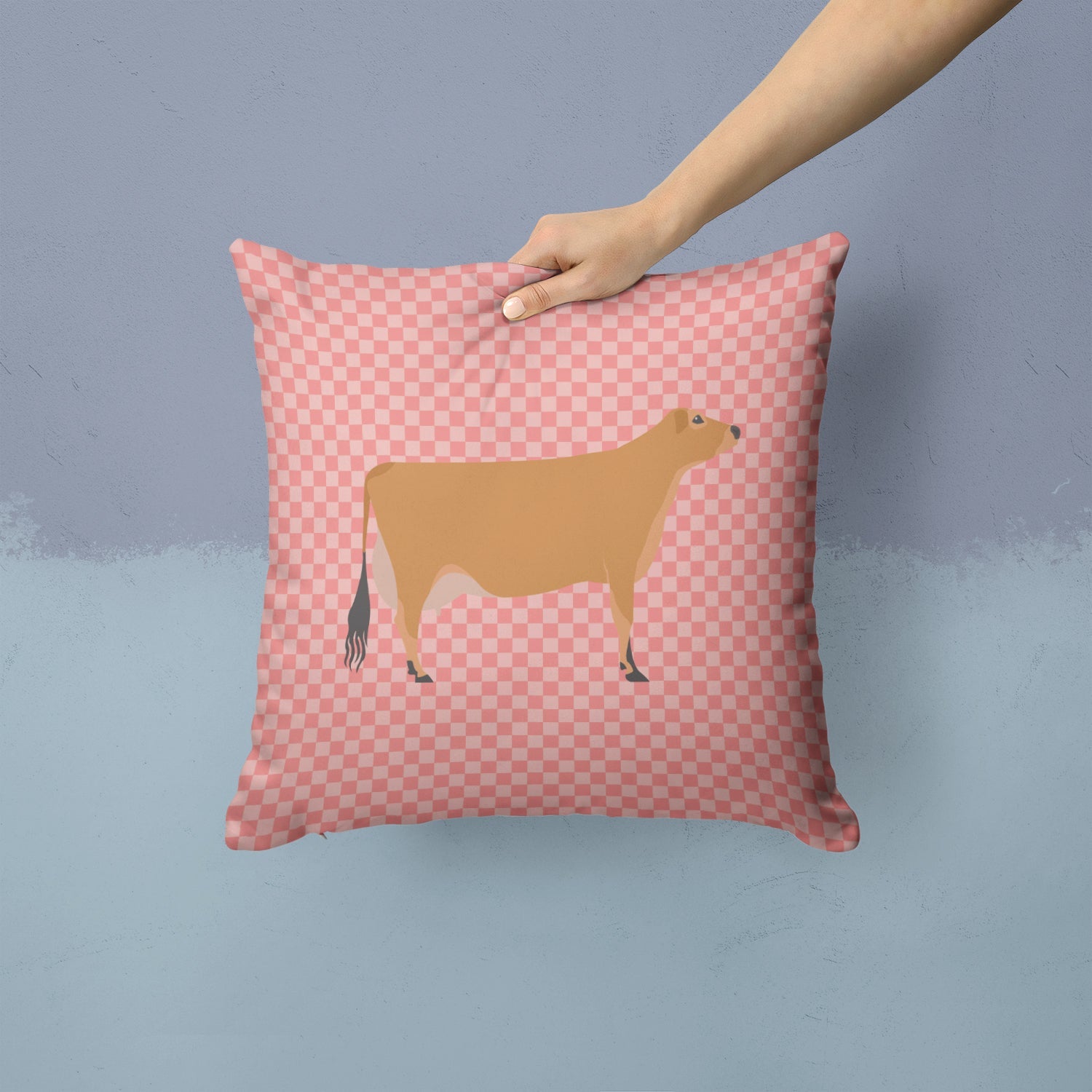 Jersey Cow Pink Check Decorative Throw Pillow 14x14 Indoor Outdoor Accent Cushion, Fabric Cover with Insert for Sofa, Bed, Porch & Living Room