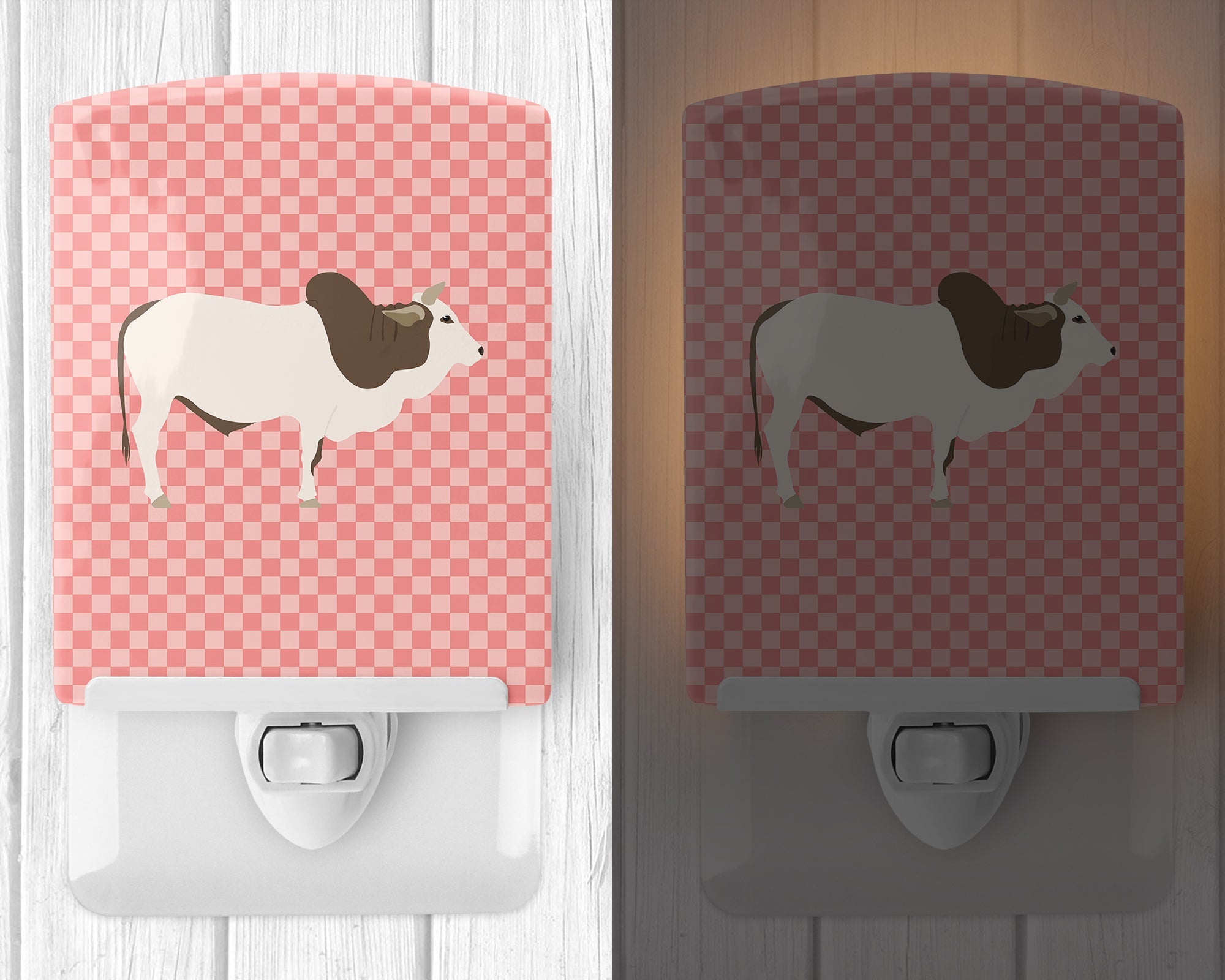 Malvi Cow Pink Check Ceramic Night Light Compact, UL-Certified, Ideal for Bedroom, Bathroom, Nursery, Hallway, Kitchen, 6x4x3, Multicolor