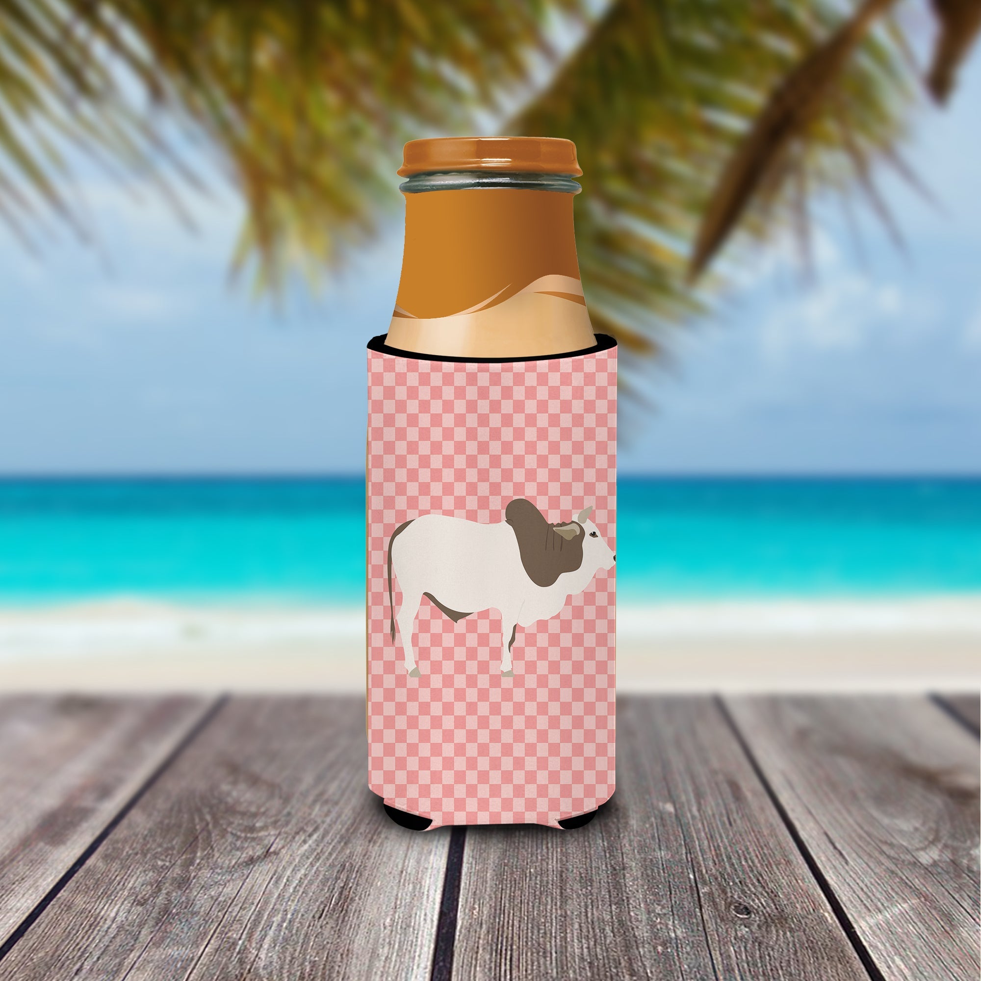 Malvi Cow Pink Check Slim Can Hugger , Insulated Foam Hugger for 12 oz Slim Cans, Beer Bottles & Water Bottles, Printed in USA