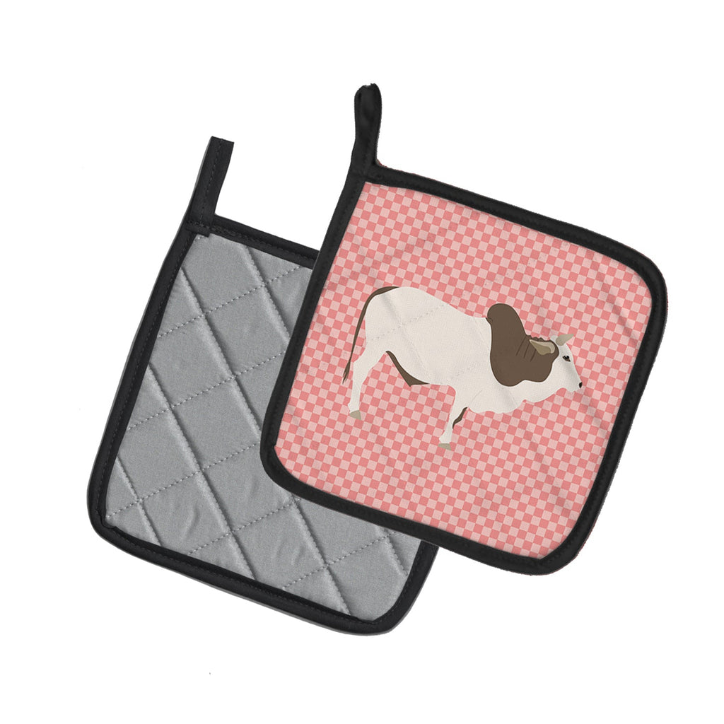 Malvi Cow Pink Check Pot Holder Set of 2 Heat Resistant Quilted Hot Pads 7.5 x 7.5 Inch, Insulated Kitchen Trivets for Cooking & Baking