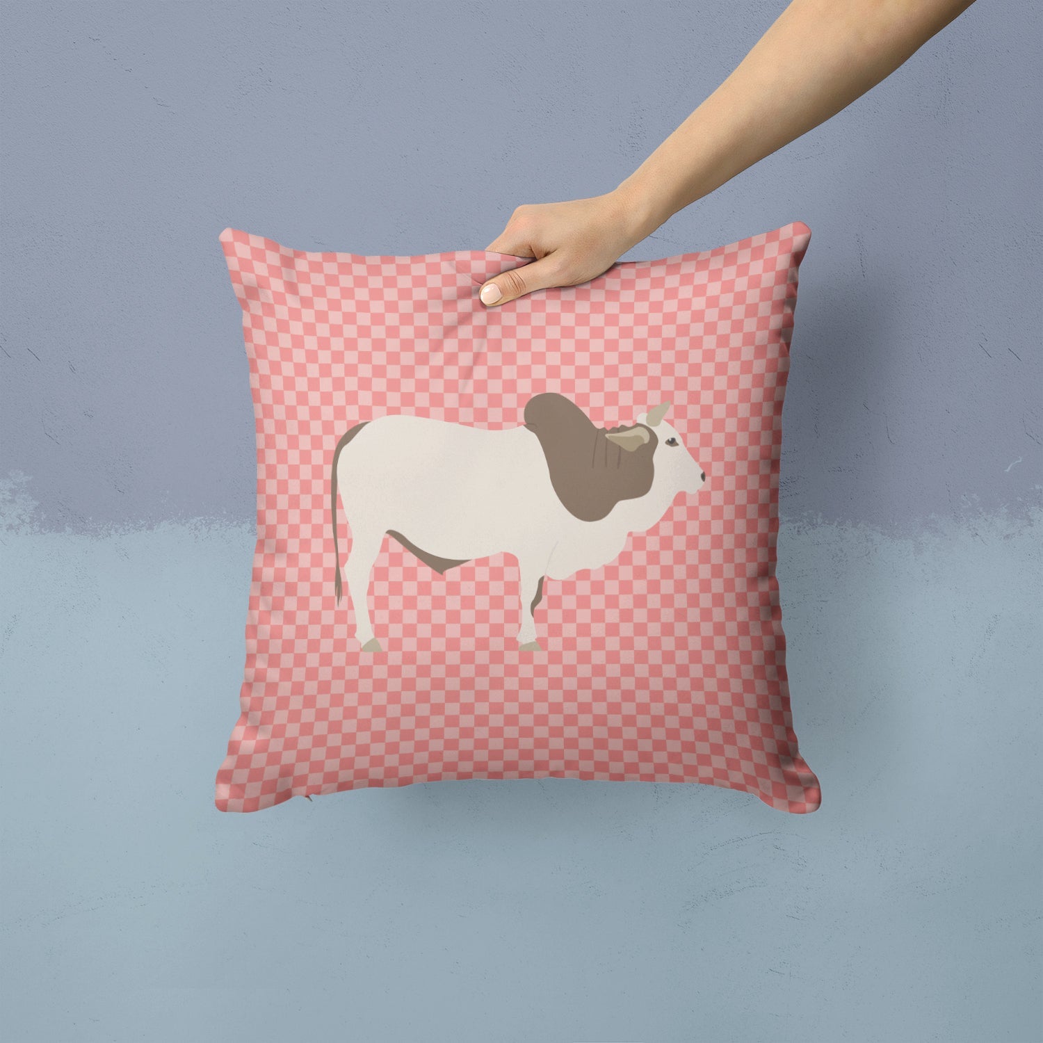 Malvi Cow Pink Check Decorative Throw Pillow 14x14 Indoor Outdoor Accent Cushion, Fabric Cover with Insert for Sofa, Bed, Porch & Living Room