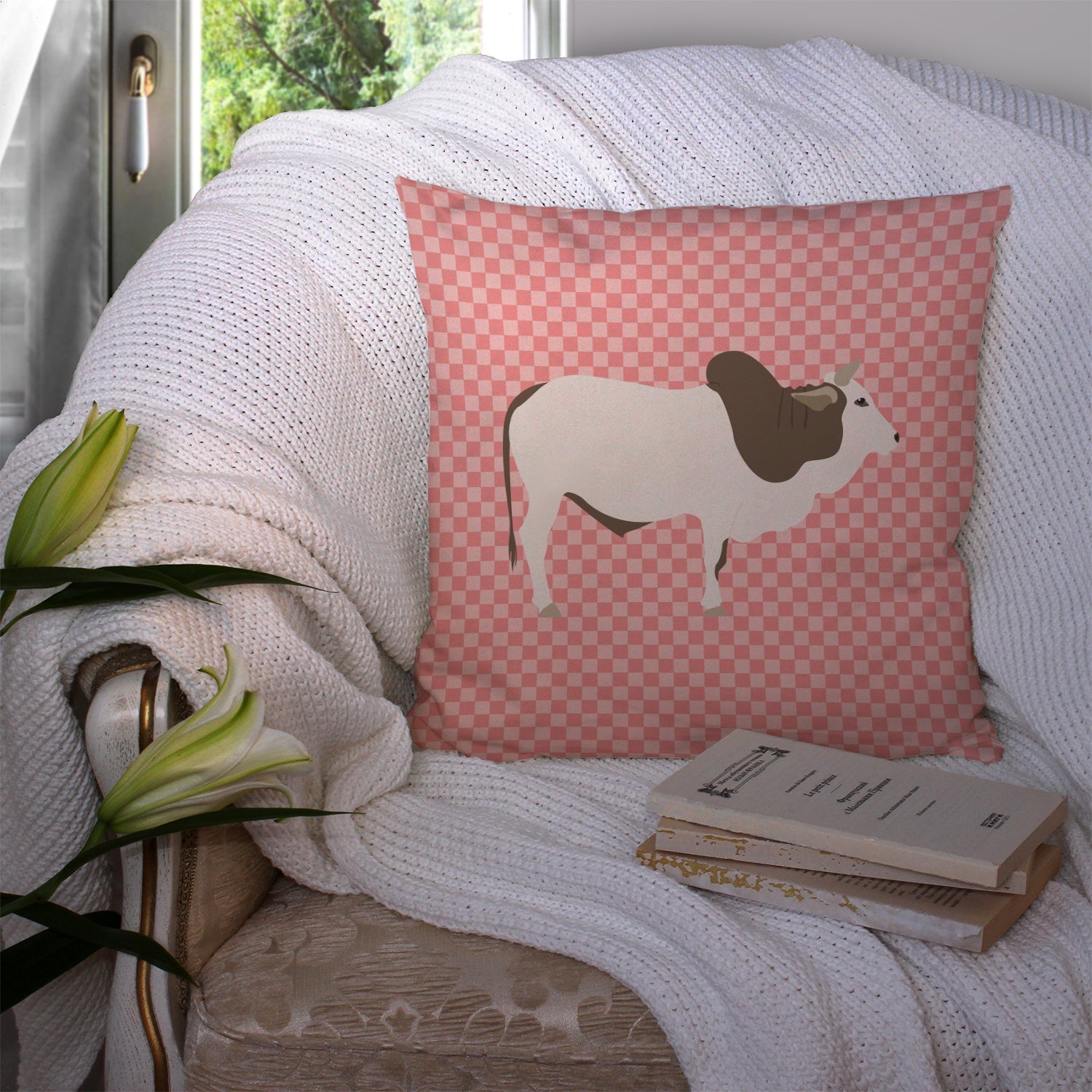 Malvi Cow Pink Check Decorative Throw Pillow 14x14 Indoor Outdoor Accent Cushion, Fabric Cover with Insert for Sofa, Bed, Porch & Living Room
