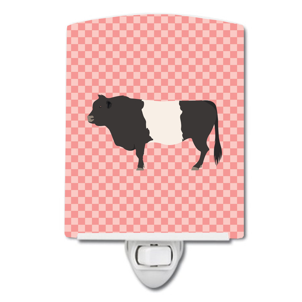 Belted Galloway Cow Pink Check Ceramic Night Light Compact, UL-Certified, Ideal for Bedroom, Bathroom, Nursery, Hallway, Kitchen, 6x4x3, Multicolor