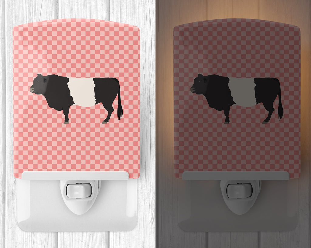 Belted Galloway Cow Pink Check Ceramic Night Light Compact, UL-Certified, Ideal for Bedroom, Bathroom, Nursery, Hallway, Kitchen, 6x4x3, Multicolor