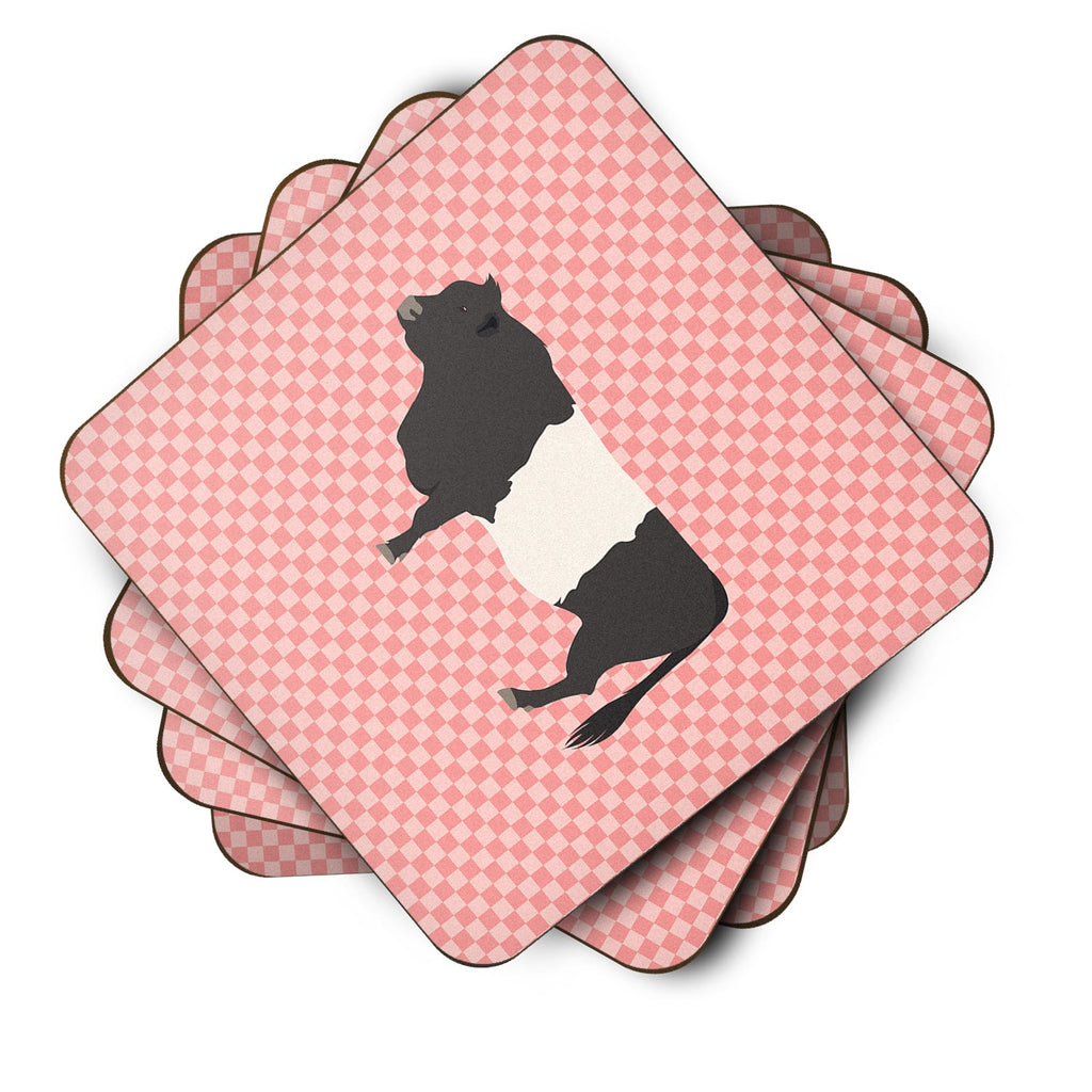 Belted Galloway Cow Pink Check Foam Coasters Set of 4 Cup Coasters for Indoor Outdoor, Tabletop Protection, Anti Slip, Mouse pad Material