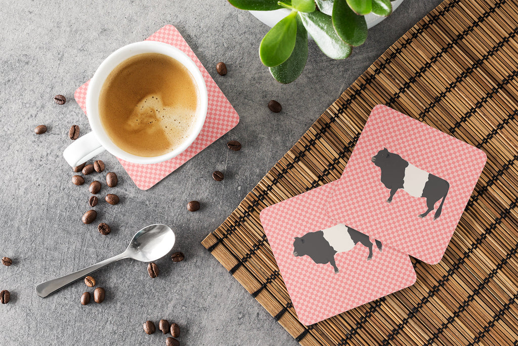 Belted Galloway Cow Pink Check Foam Coasters Set of 4 Cup Coasters for Indoor Outdoor, Tabletop Protection, Anti Slip, Mouse pad Material