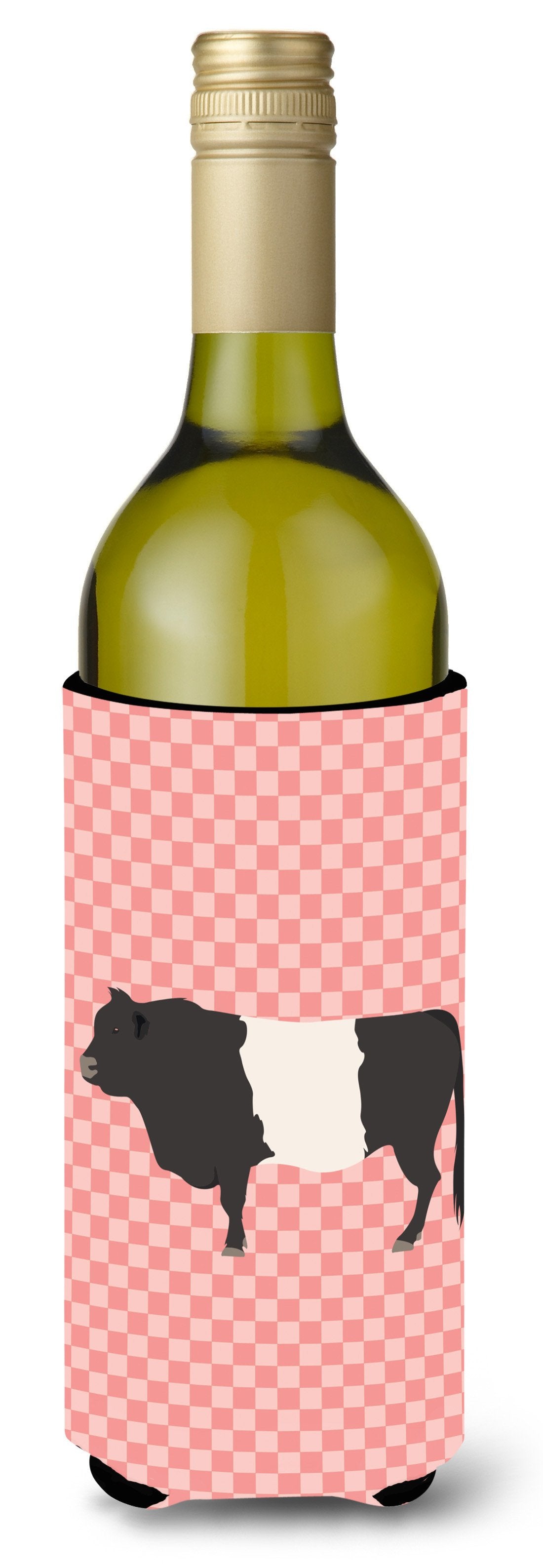 Belted Galloway Cow Pink Check Wine Bottle Hugger Gift Sleeve for Standard 750 ml Bottles, Insulated Reusable Also Fits Mini Shot & Pint Bottles