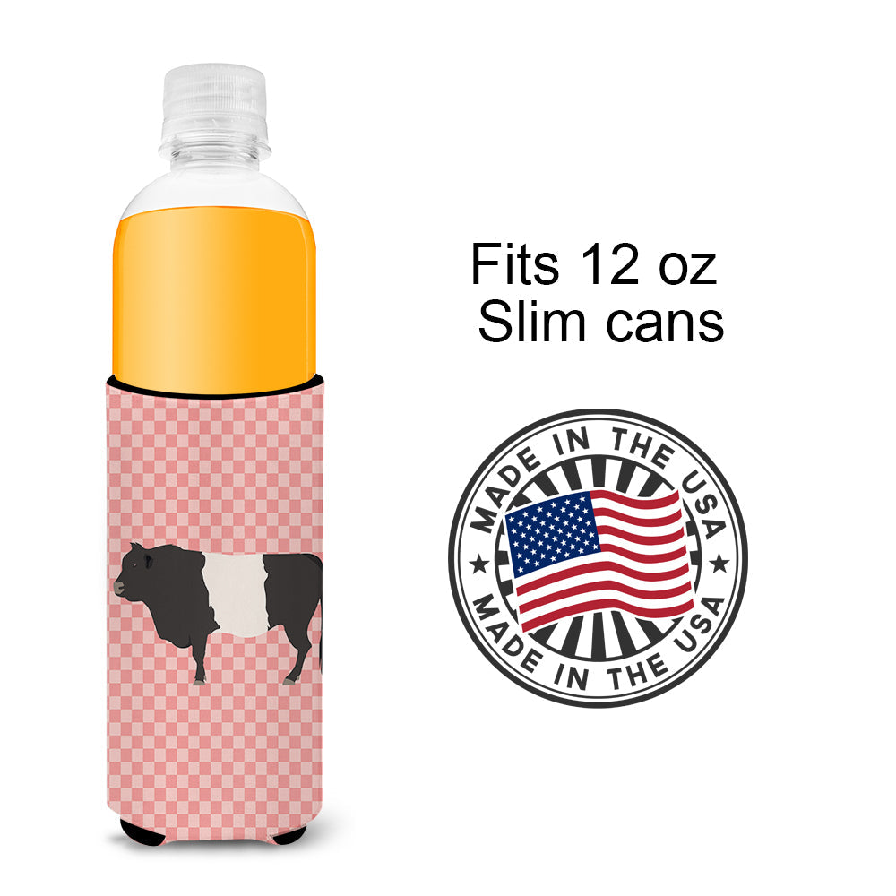 Belted Galloway Cow Pink Check Slim Can Hugger , Insulated Foam Hugger for 12 oz Slim Cans, Beer Bottles & Water Bottles, Printed in USA