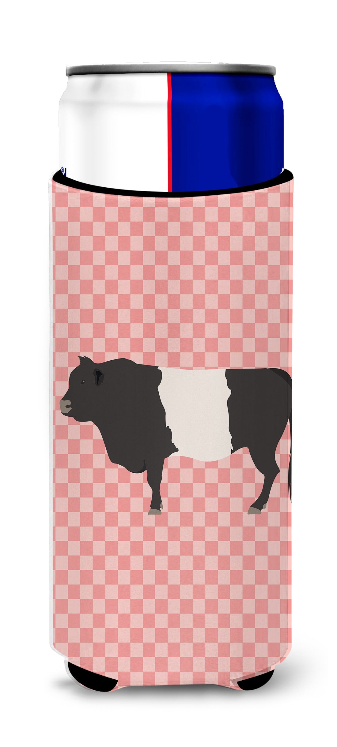 Belted Galloway Cow Pink Check Slim Can Hugger , Insulated Foam Hugger for 12 oz Slim Cans, Beer Bottles & Water Bottles, Printed in USA