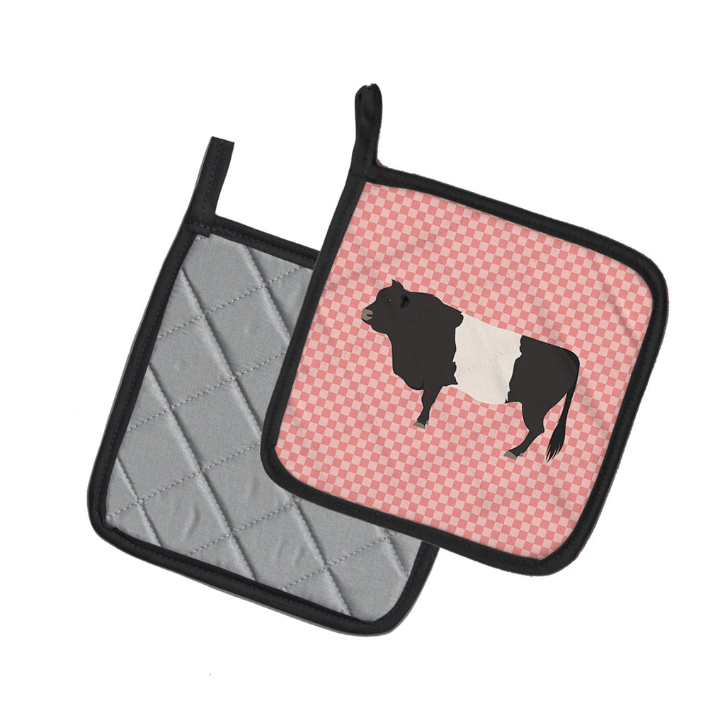 Belted Galloway Cow Pink Check Pot Holder Set of 2 Heat Resistant Quilted Hot Pads 7.5 x 7.5 Inch, Insulated Kitchen Trivets for Cooking & Baking
