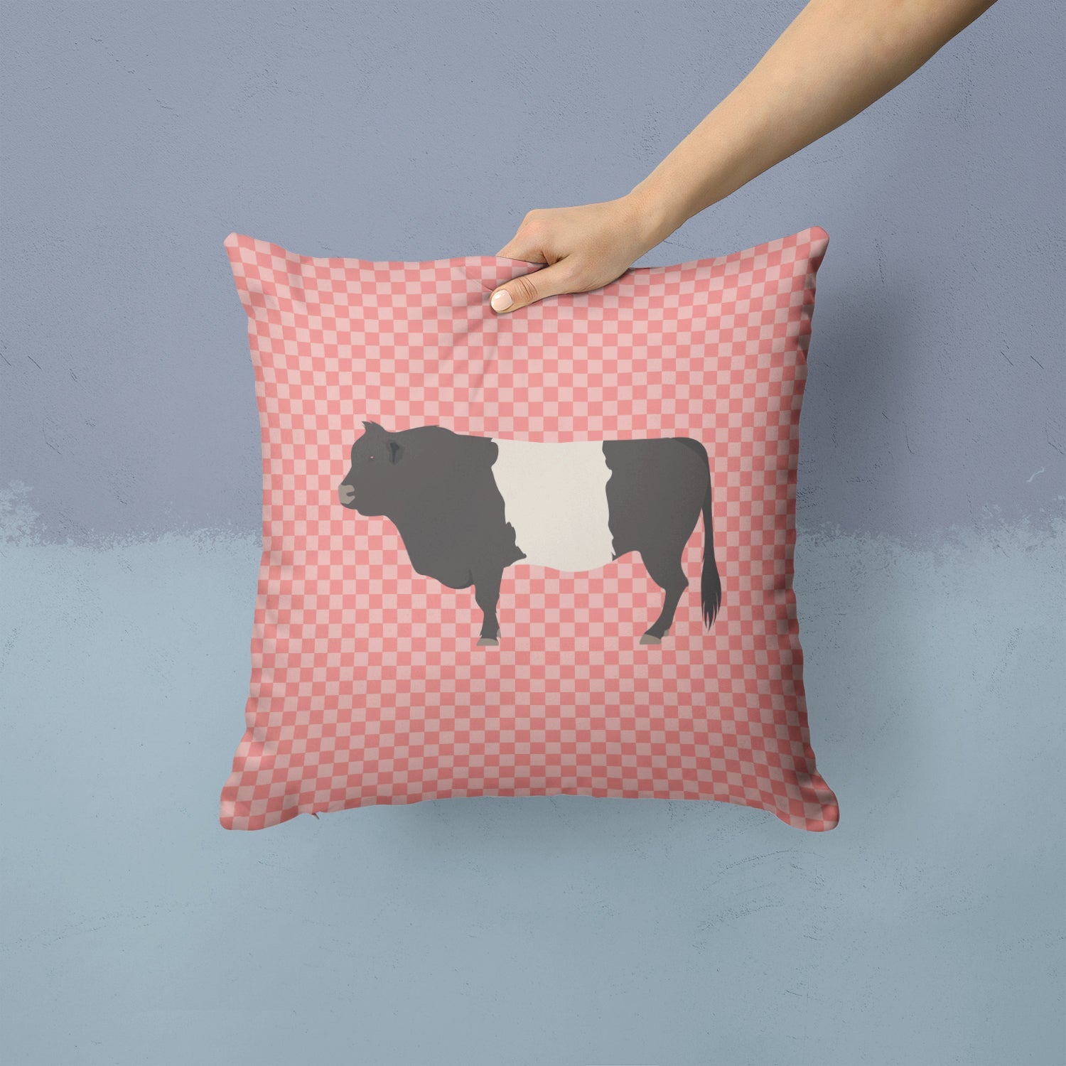 Belted Galloway Cow Pink Check Decorative Throw Pillow 14x14 Indoor Outdoor Accent Cushion, Fabric Cover with Insert for Sofa, Bed, Porch & Living Room